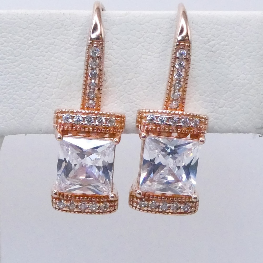 Sterling Silver 925 Rose Gold Plated Drop Post 1" Princess Cut CZ Earrings